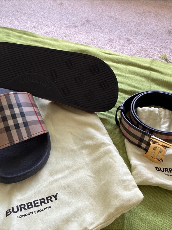 Burberry Shoes - Burberry Black & Nova Check Slides with TB Buckle Belt
